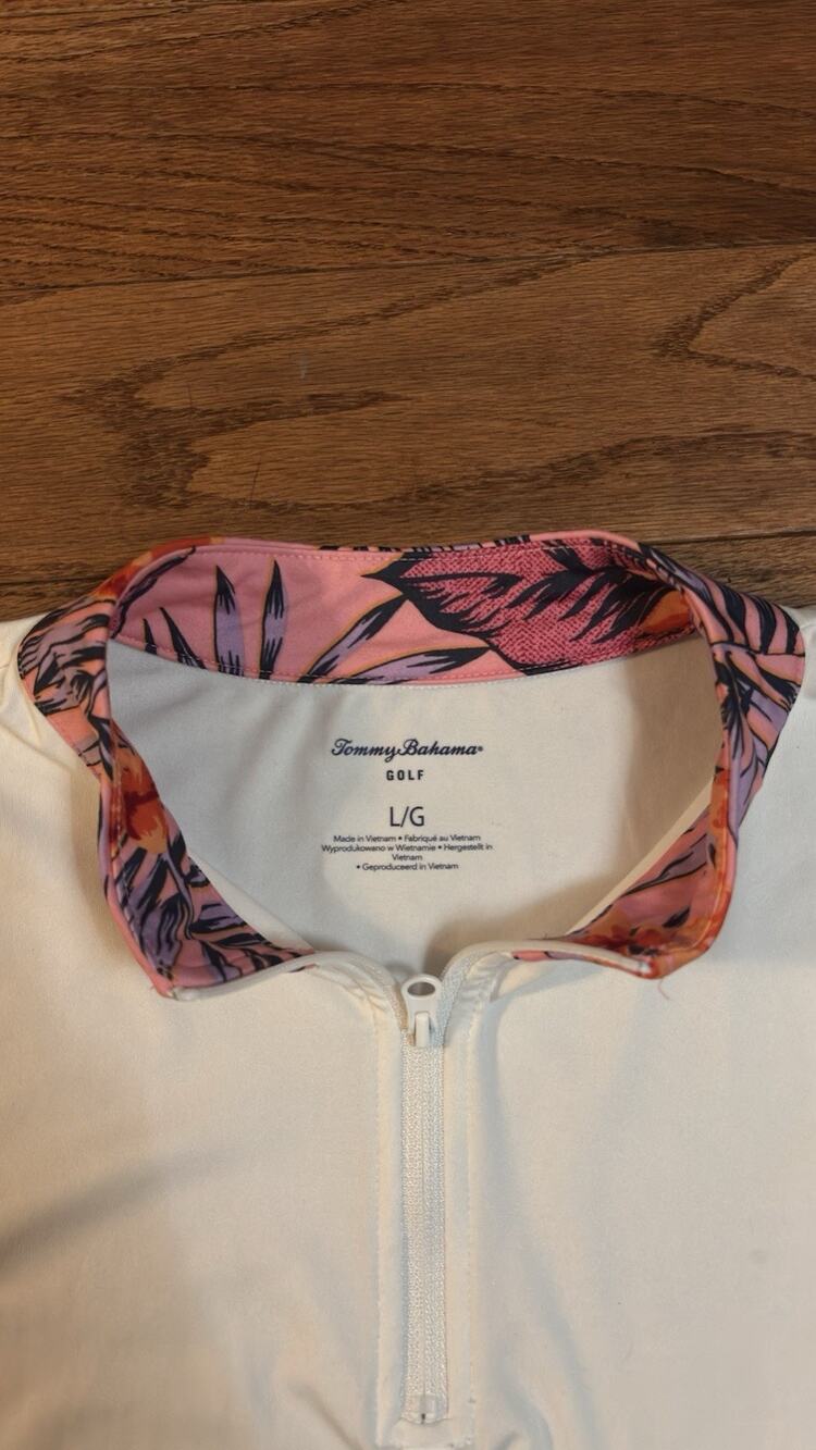 Tommy Bahama Golf Women's L Solid White/Pink Sleeveless Mock Neck 1/4 Zip Tank